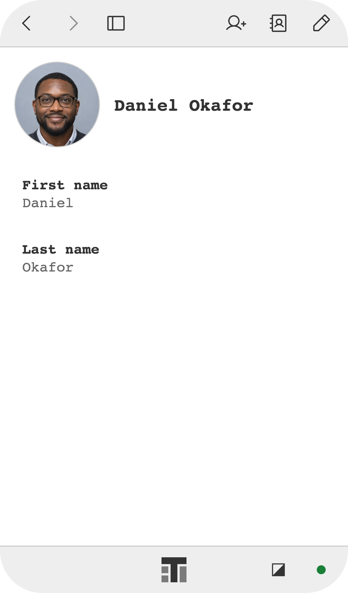 A contact on a phone, with a profile photo, nickname, and name fields.