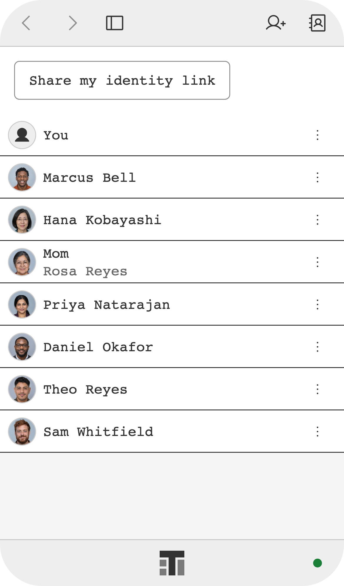 Contacts on a phone: a list of people with their profile photos.
