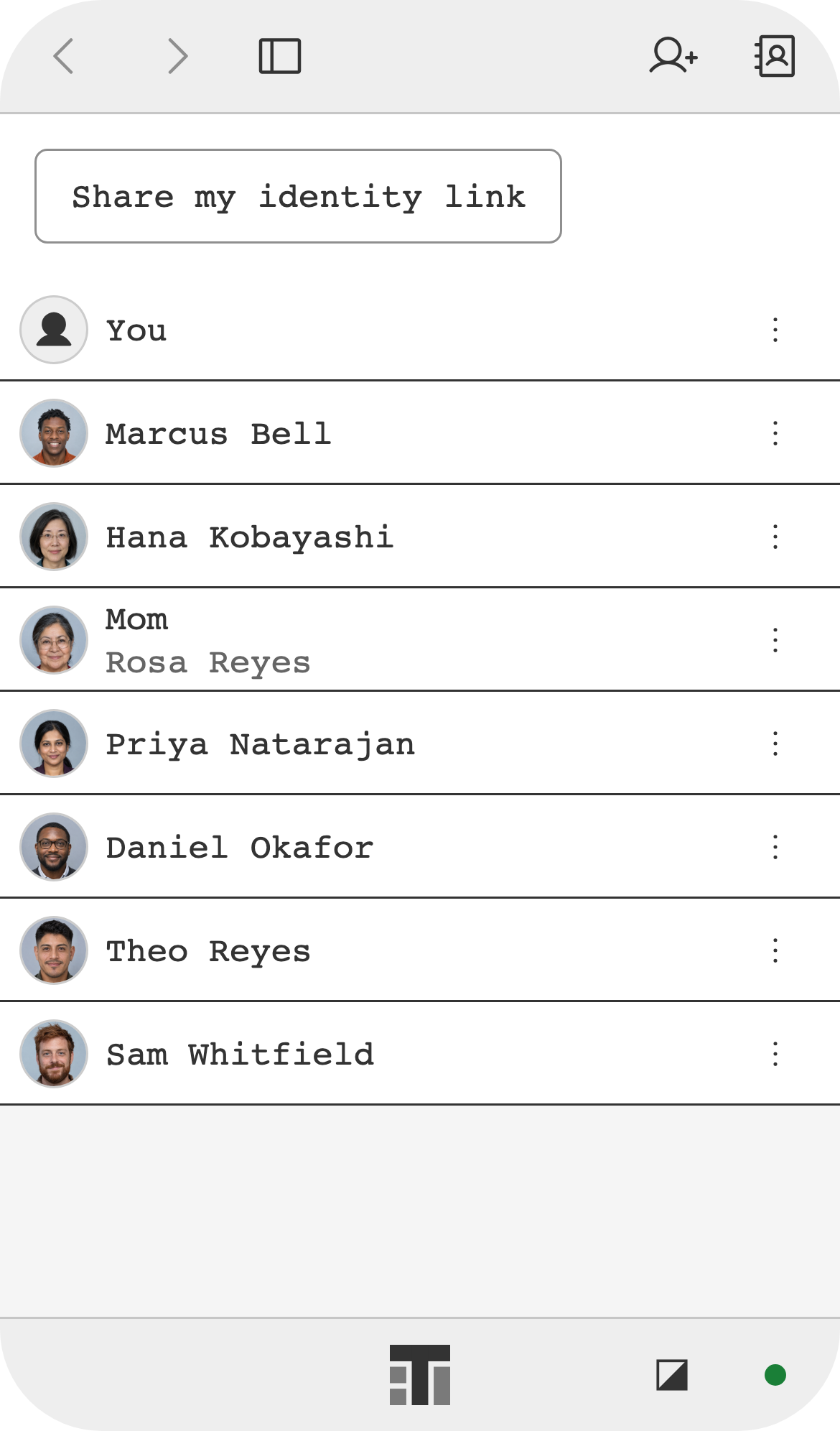 Contacts on a phone: a list of people with their profile photos.