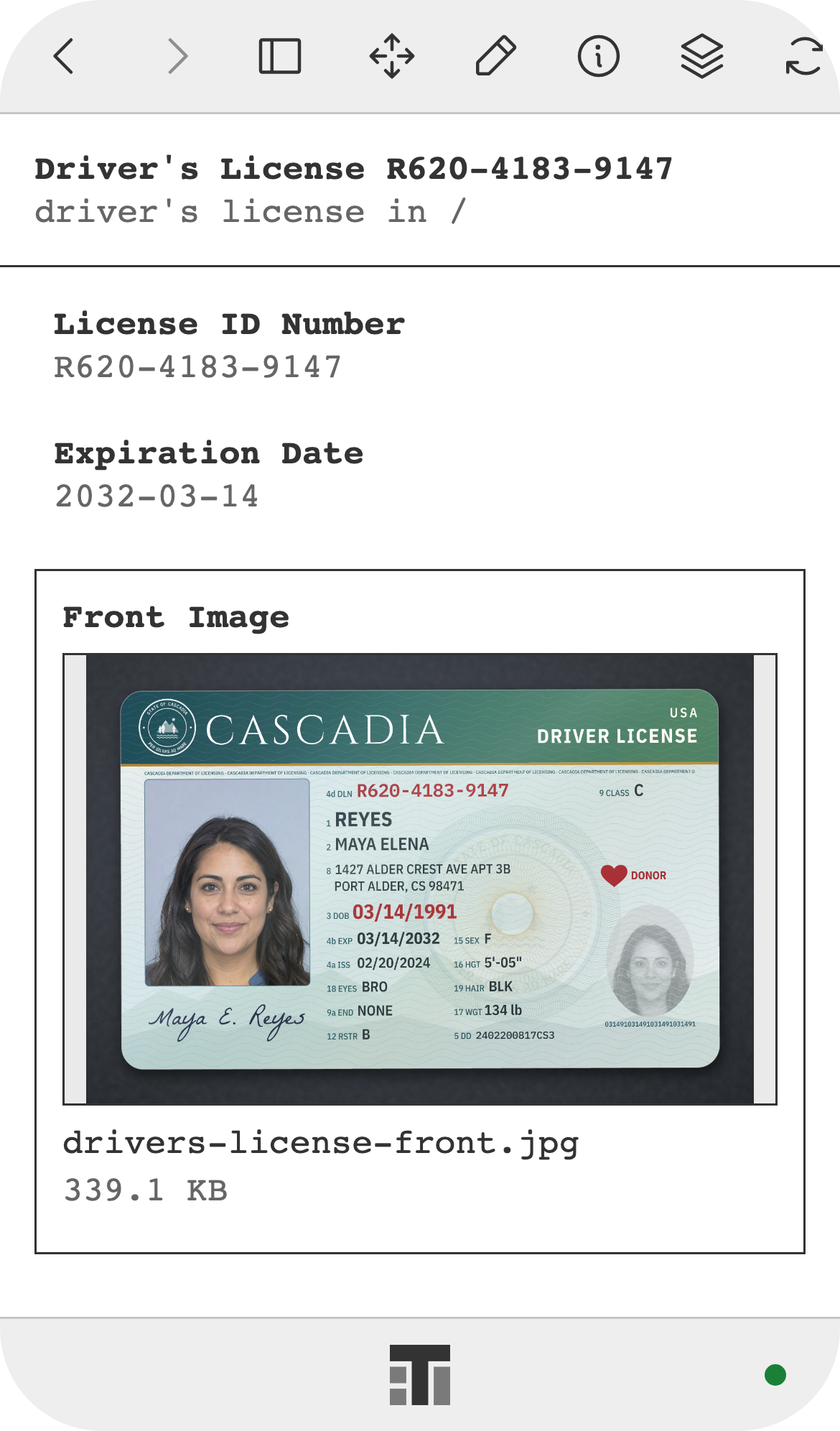 A driver's license record on a phone, with its license number, expiration date, and front image.