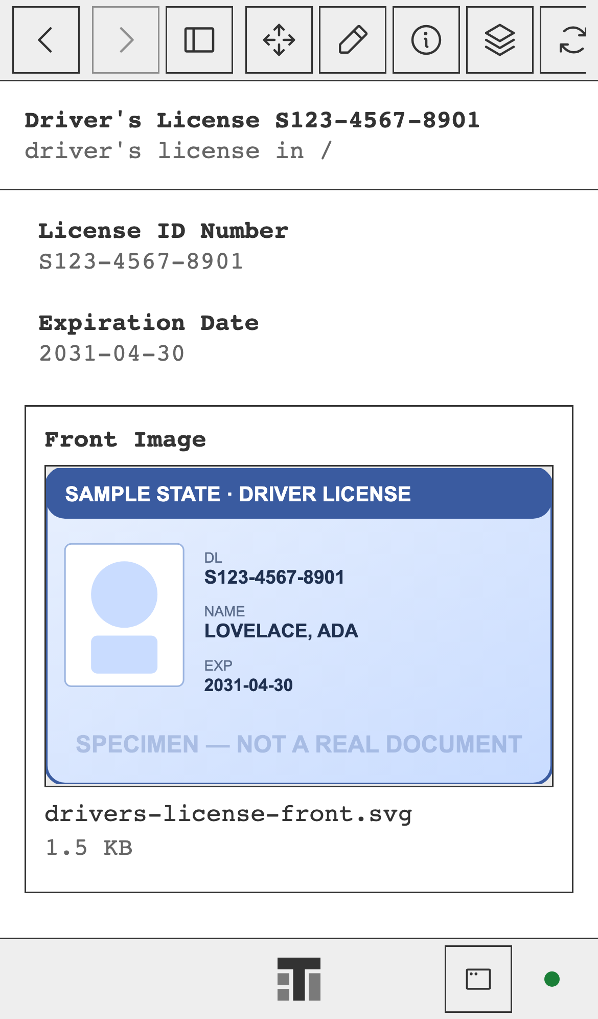A driver's license record on a phone, with its license number, expiration date, and front image.