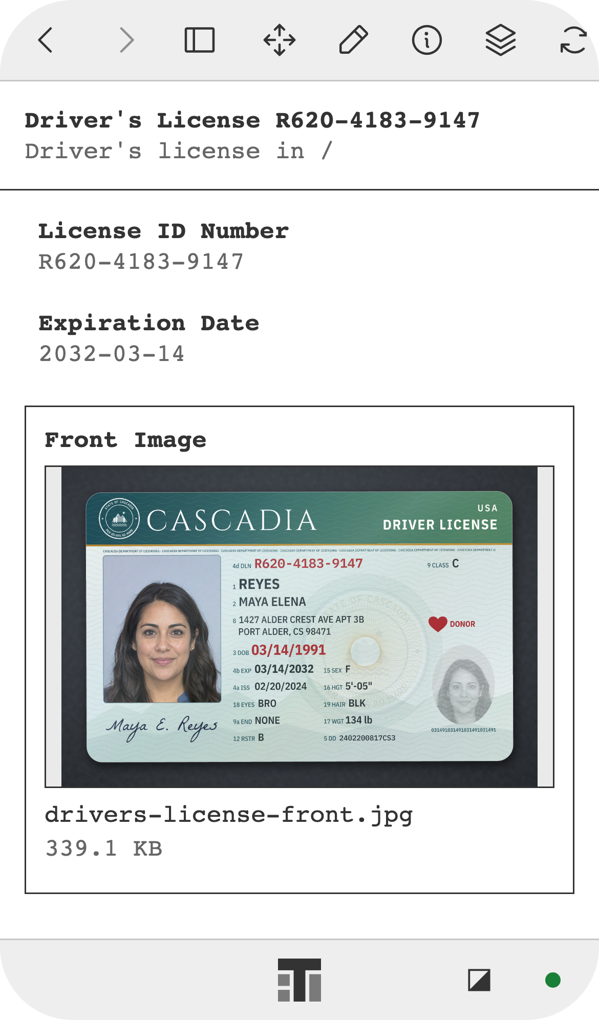 A driver's license record on a phone, with its license number, expiration date, and front image.