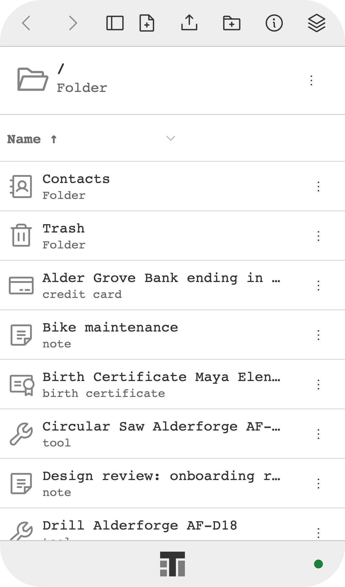 Explorer on a phone, listing folders, notes, and records such as a credit card, a birth certificate, and tools.