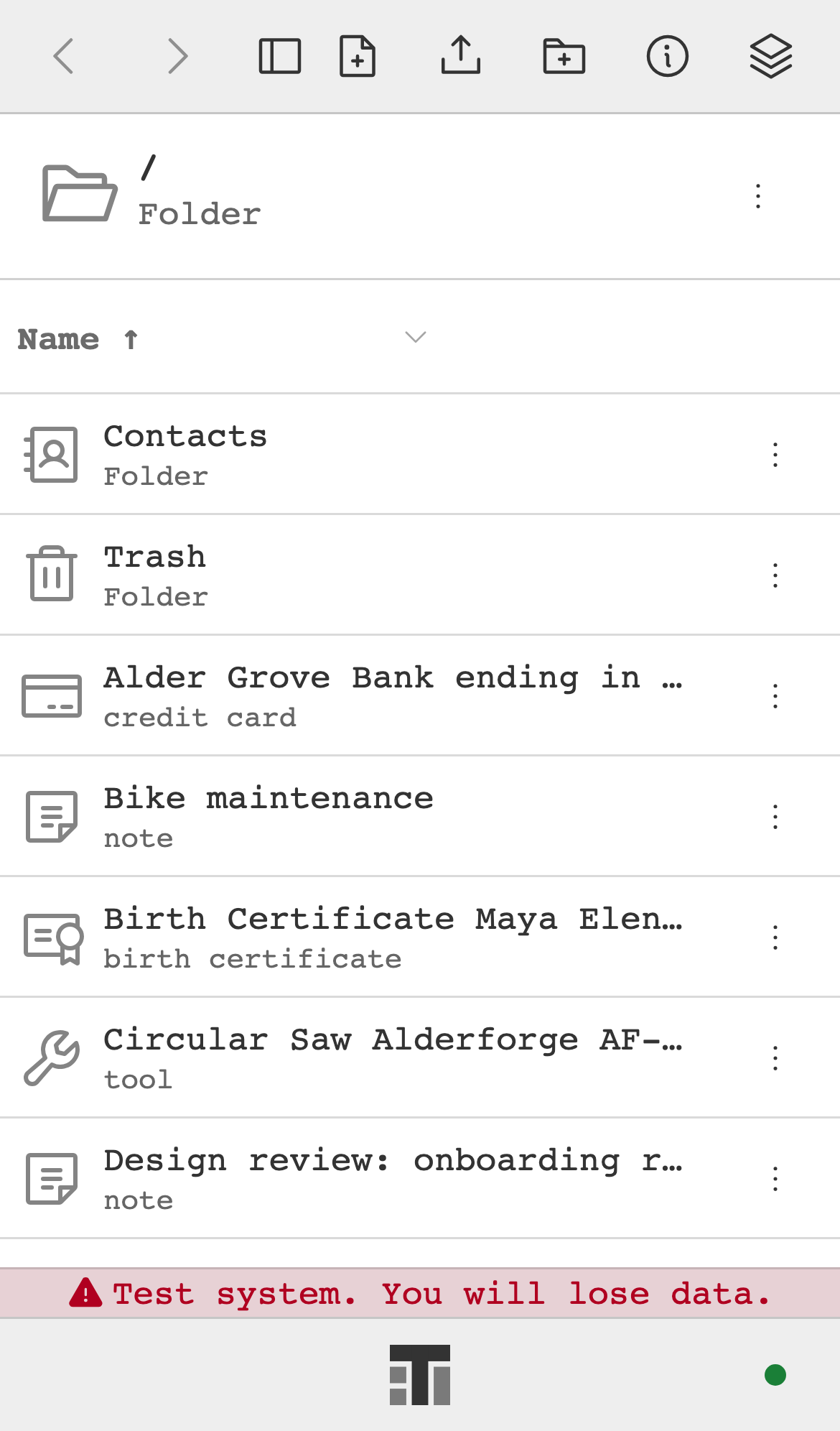 Explorer on a phone, listing folders, notes, and records such as a credit card, a birth certificate, and tools.