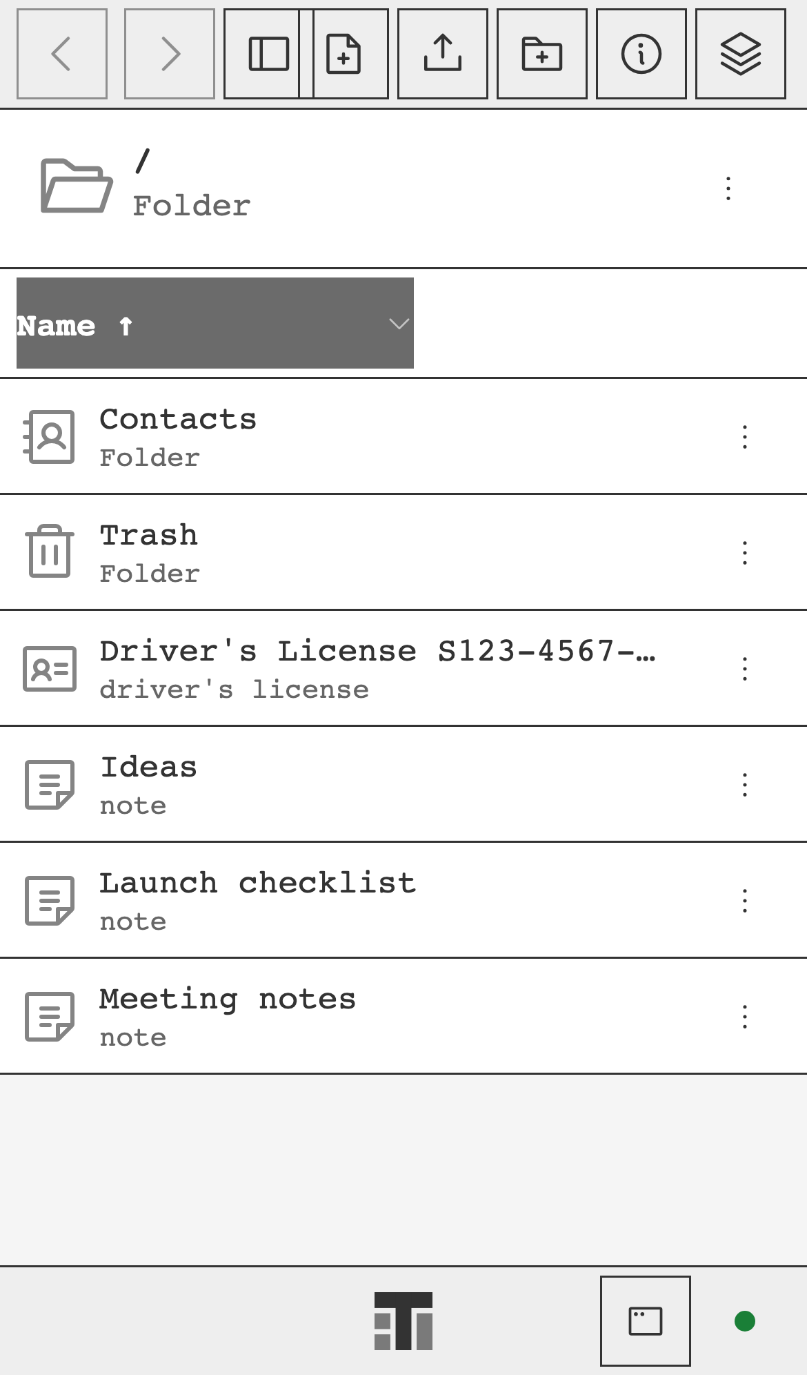 Explorer on a phone, listing folders, notes, and records such as a credit card, a birth certificate, and tools.