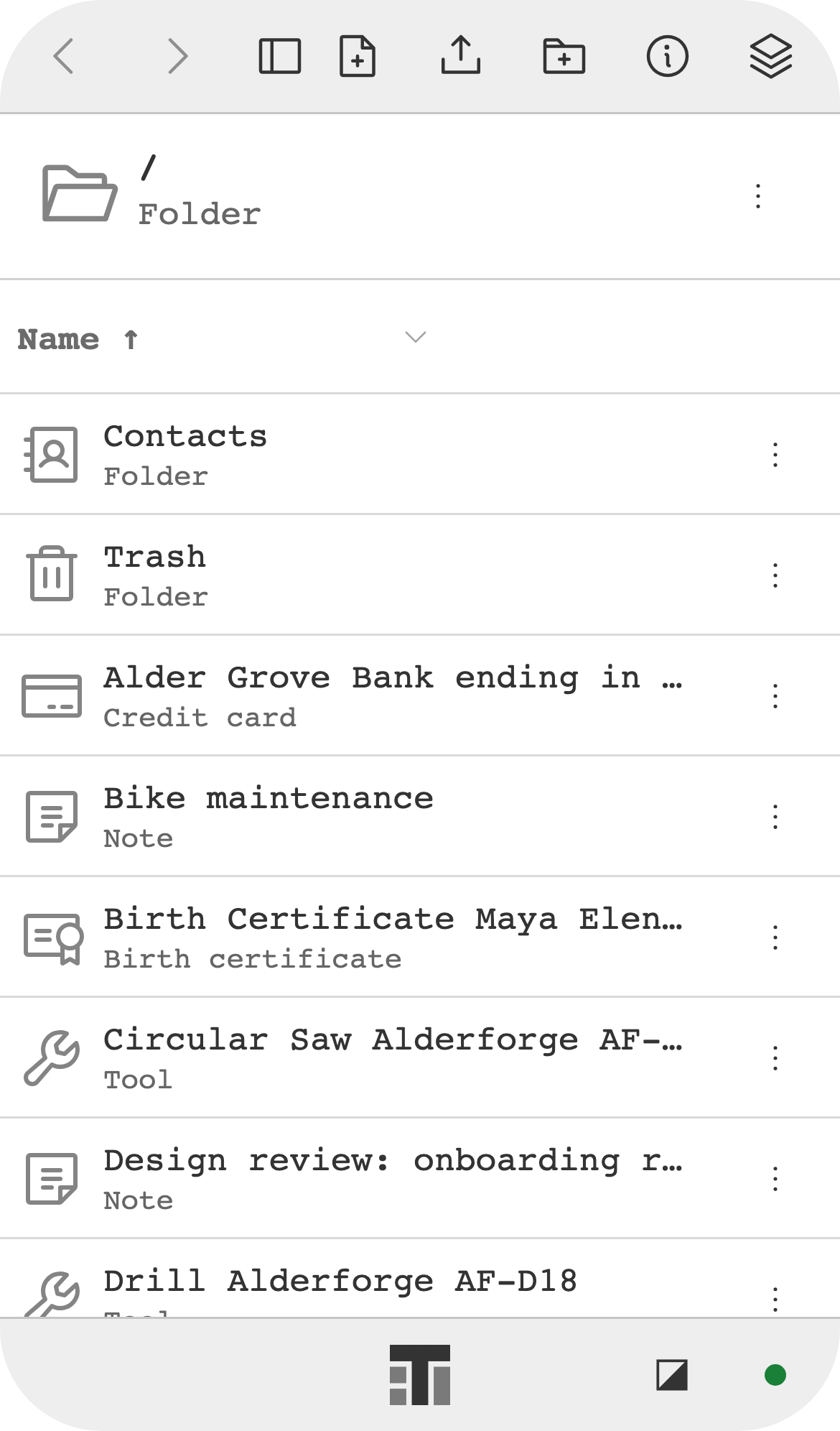 Explorer on a phone, listing folders, notes, and records such as a credit card, a birth certificate, and tools.