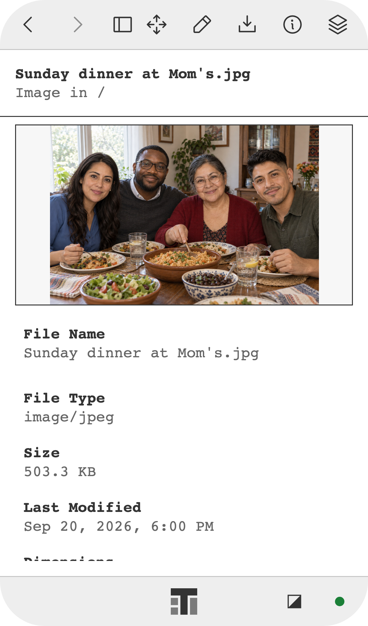 A family photo, Sunday dinner at Mom's, opened on a phone with its file details.