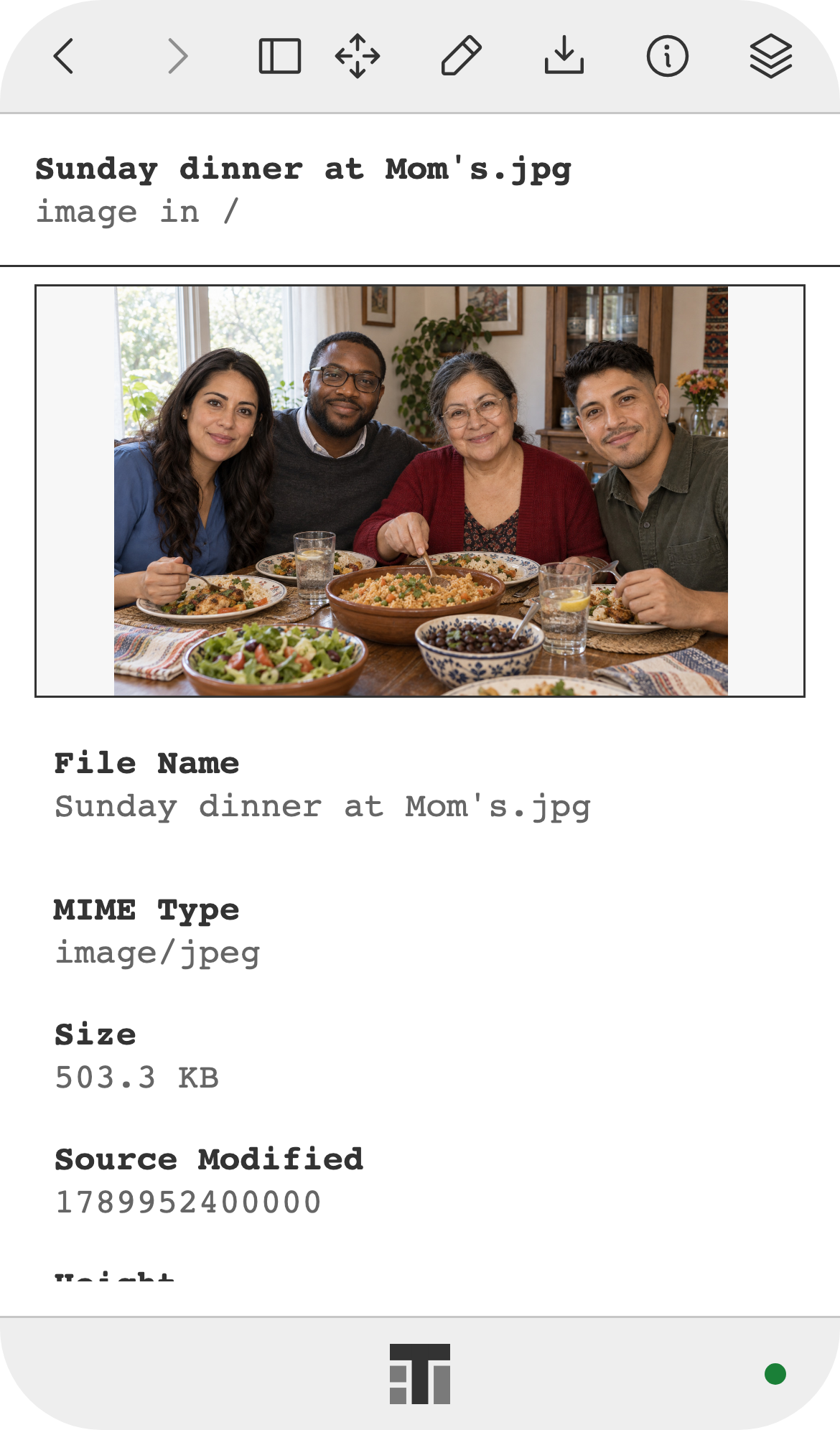 A family photo, Sunday dinner at Mom's, opened on a phone with its file details.