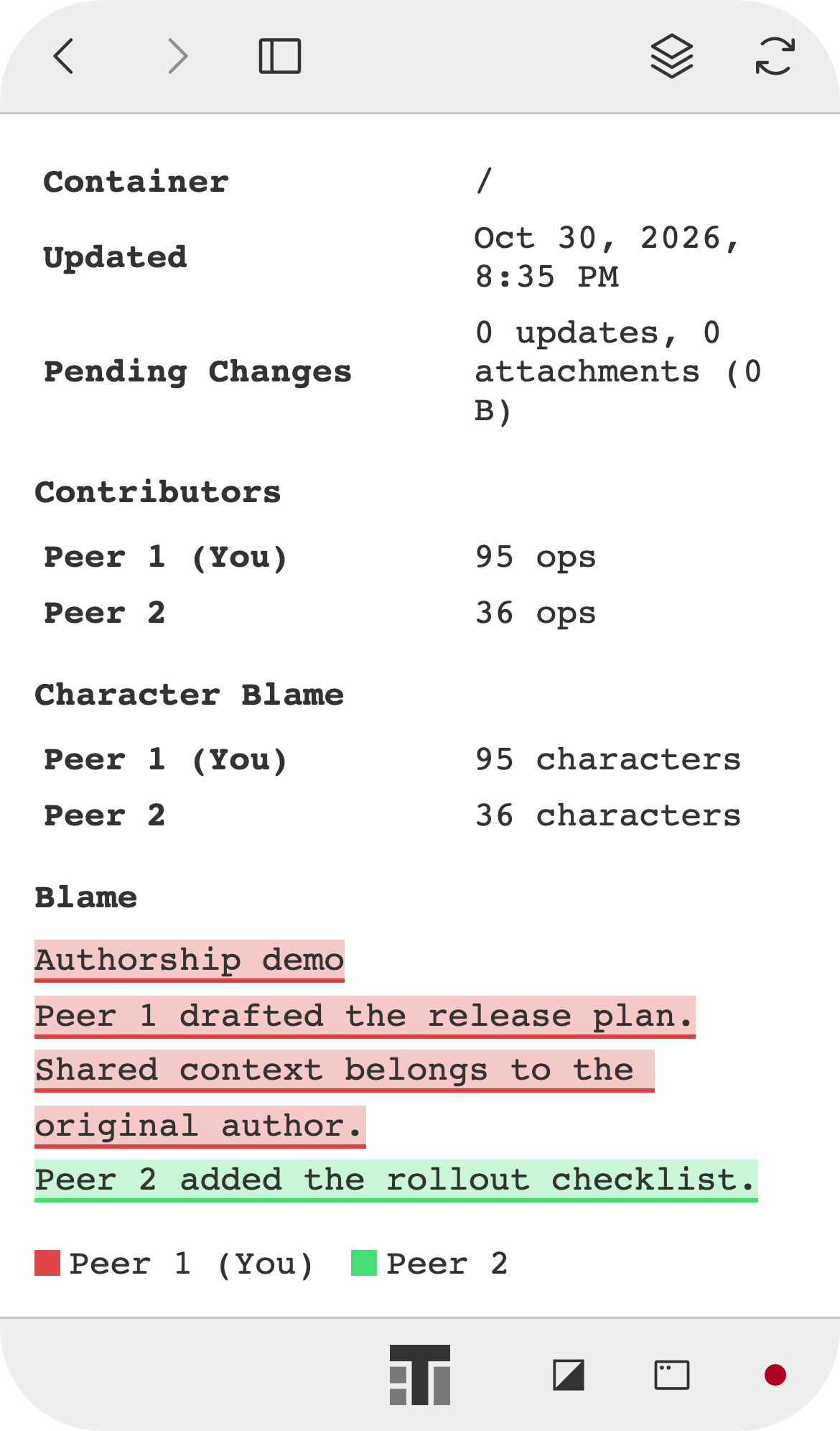 Document Info for a shared note on a phone, with each contributor's text highlighted in their color.