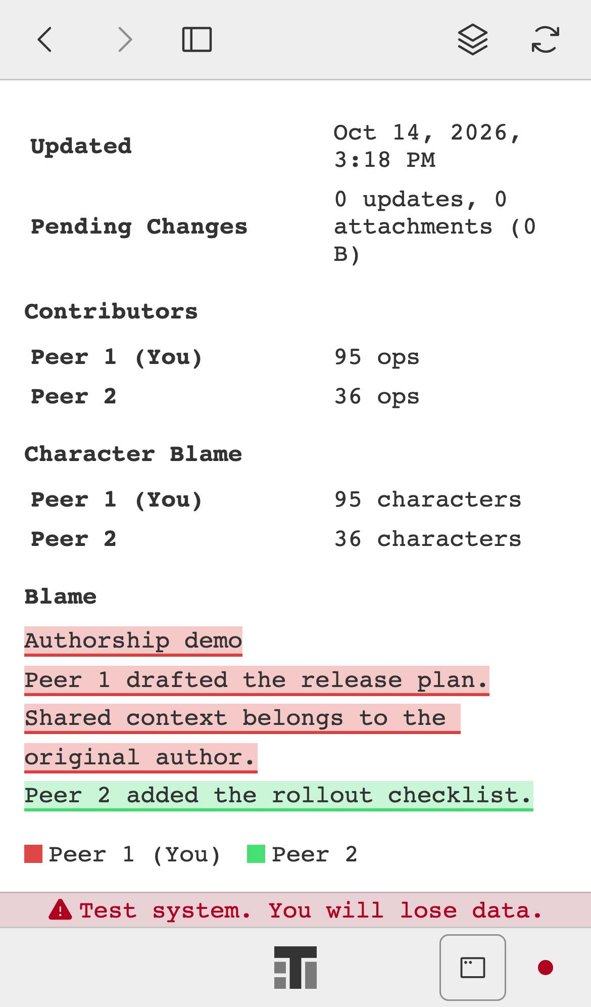 Document Info for a shared note on a phone, with each contributor's text highlighted in their color.