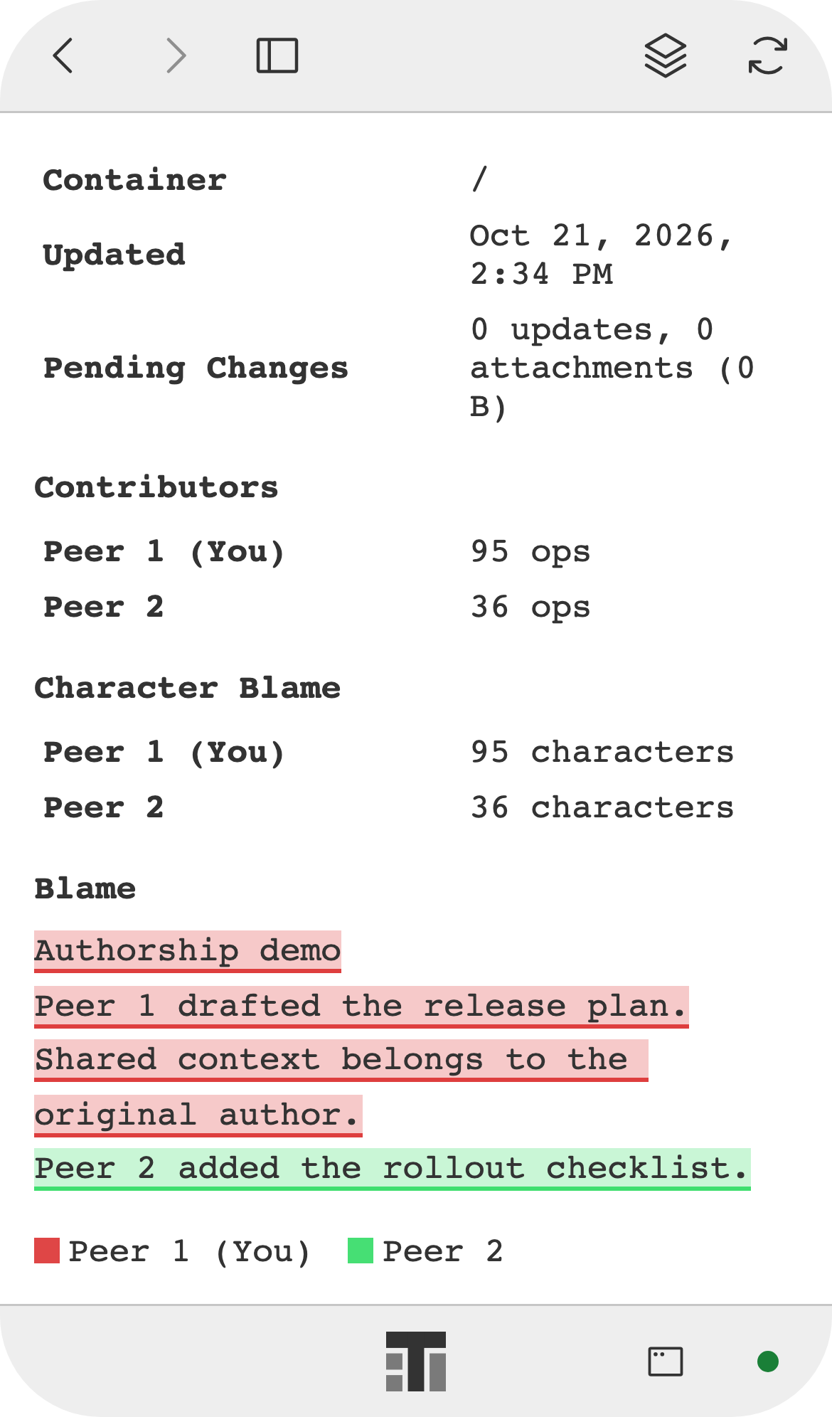 Document Info for a shared note on a phone, with each contributor's text highlighted in their color.