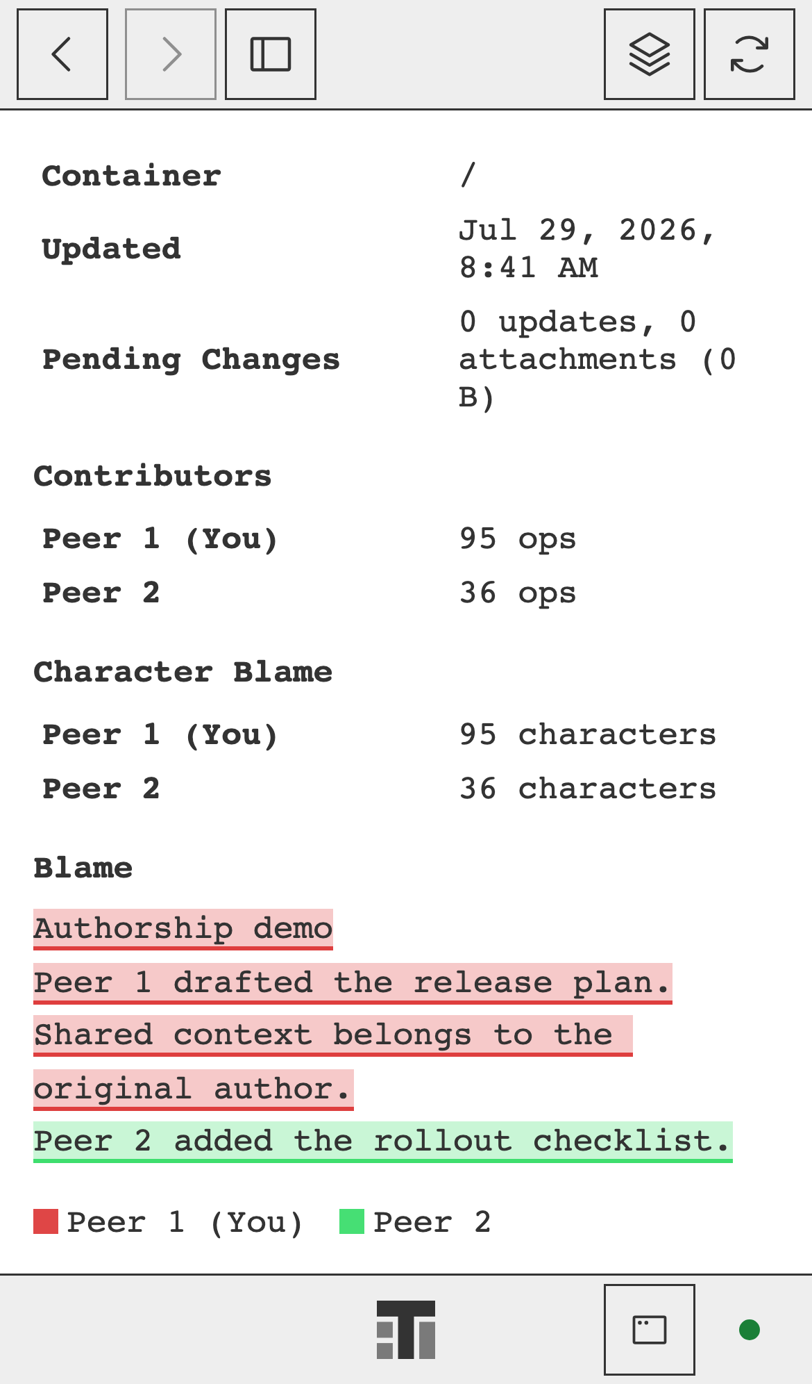 Document Info for a shared note on a phone, with each contributor's text highlighted in their color.