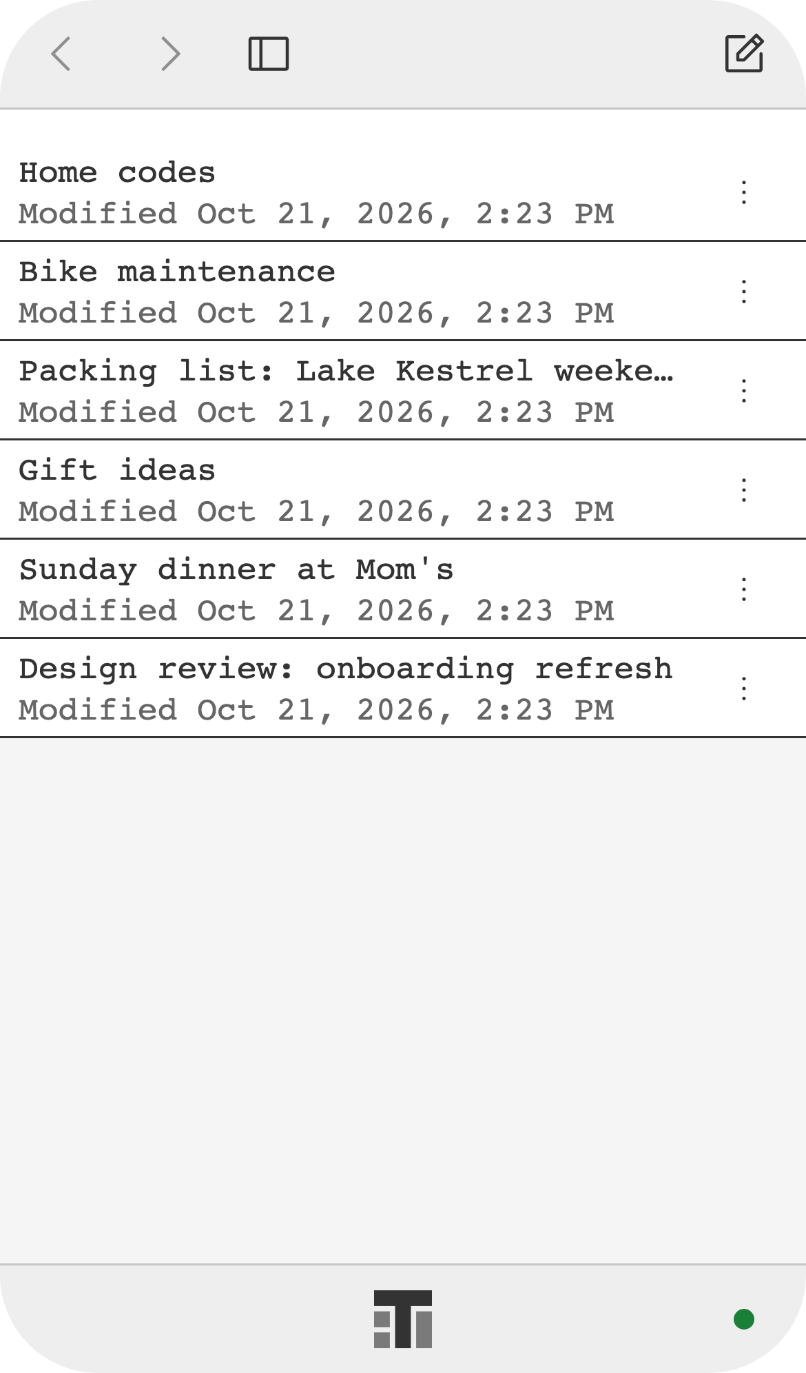 Notes on a phone: a list of notes with the time each was modified.