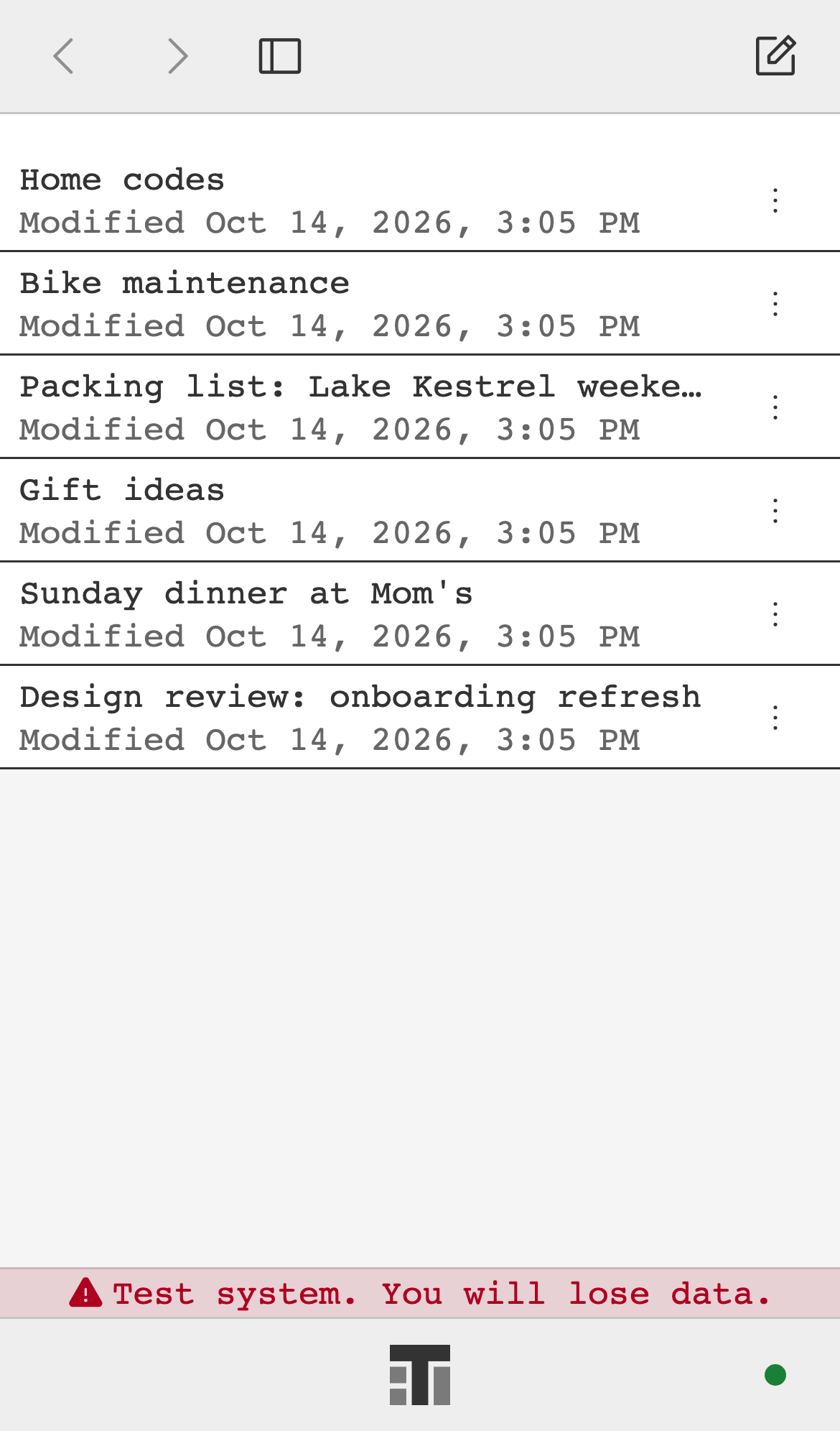 Notes on a phone: a list of notes with the time each was modified.