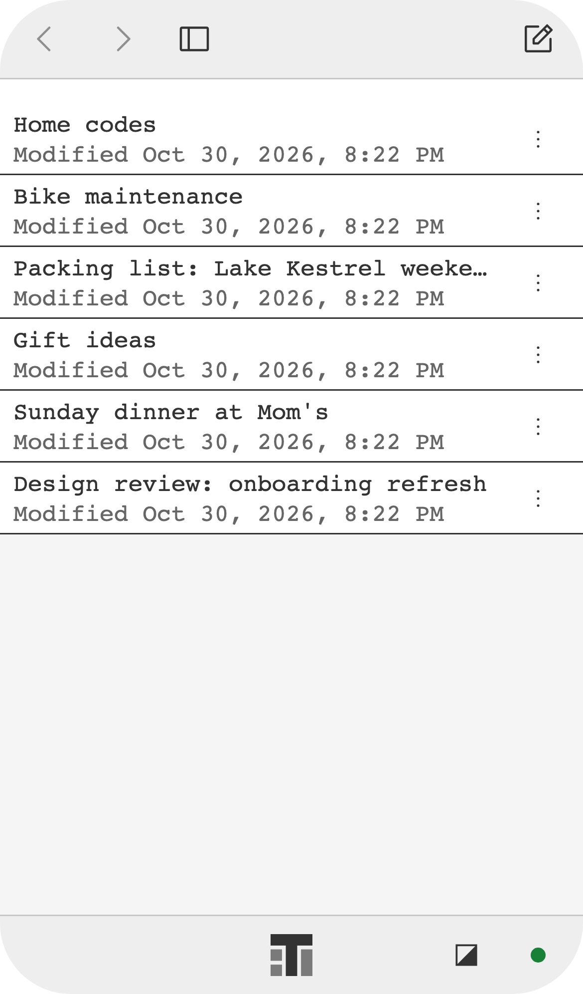 Notes on a phone: a list of notes with the time each was modified.