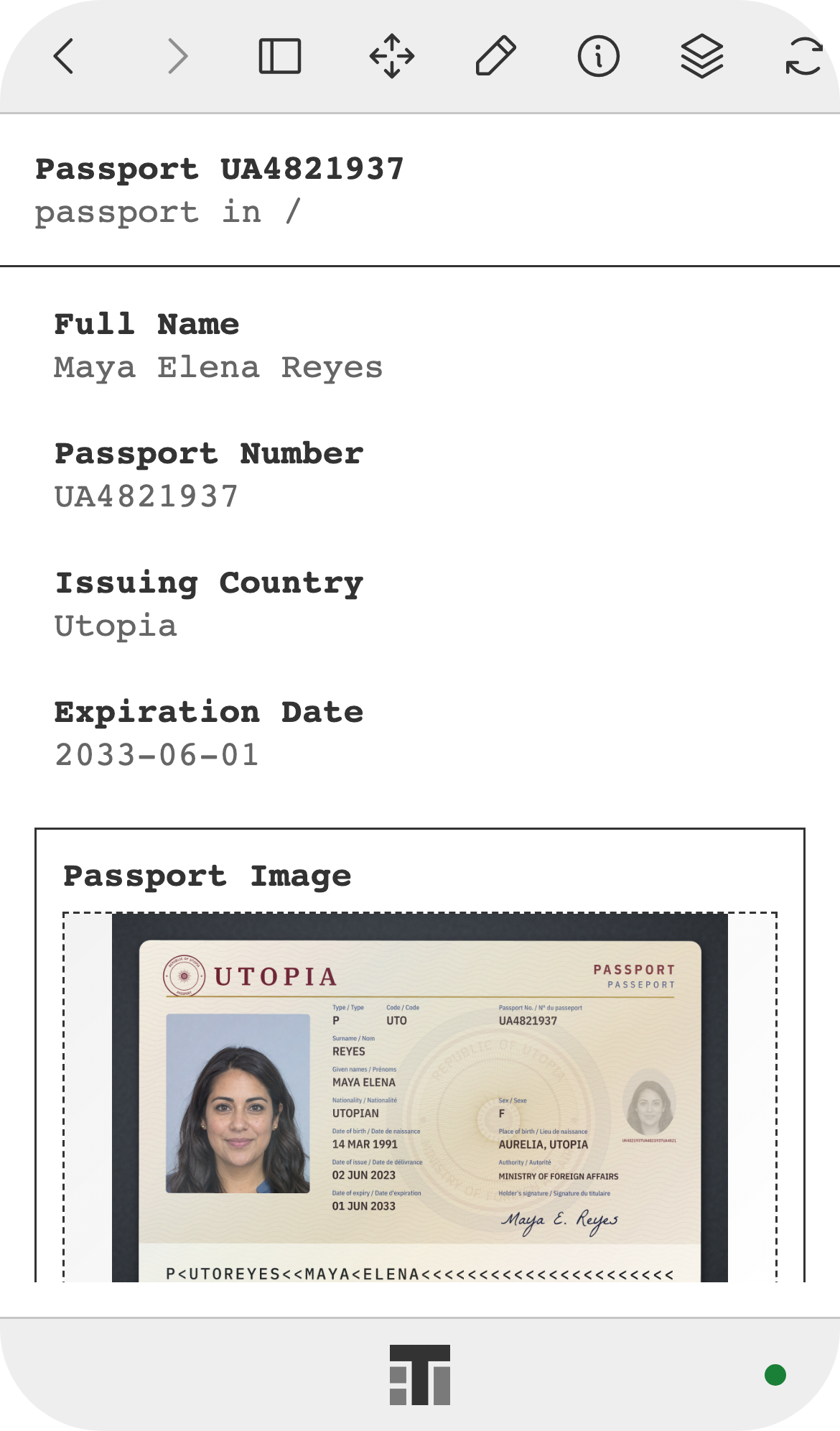 A passport record on a phone, with the holder's name, passport number, issuing country, and passport image.