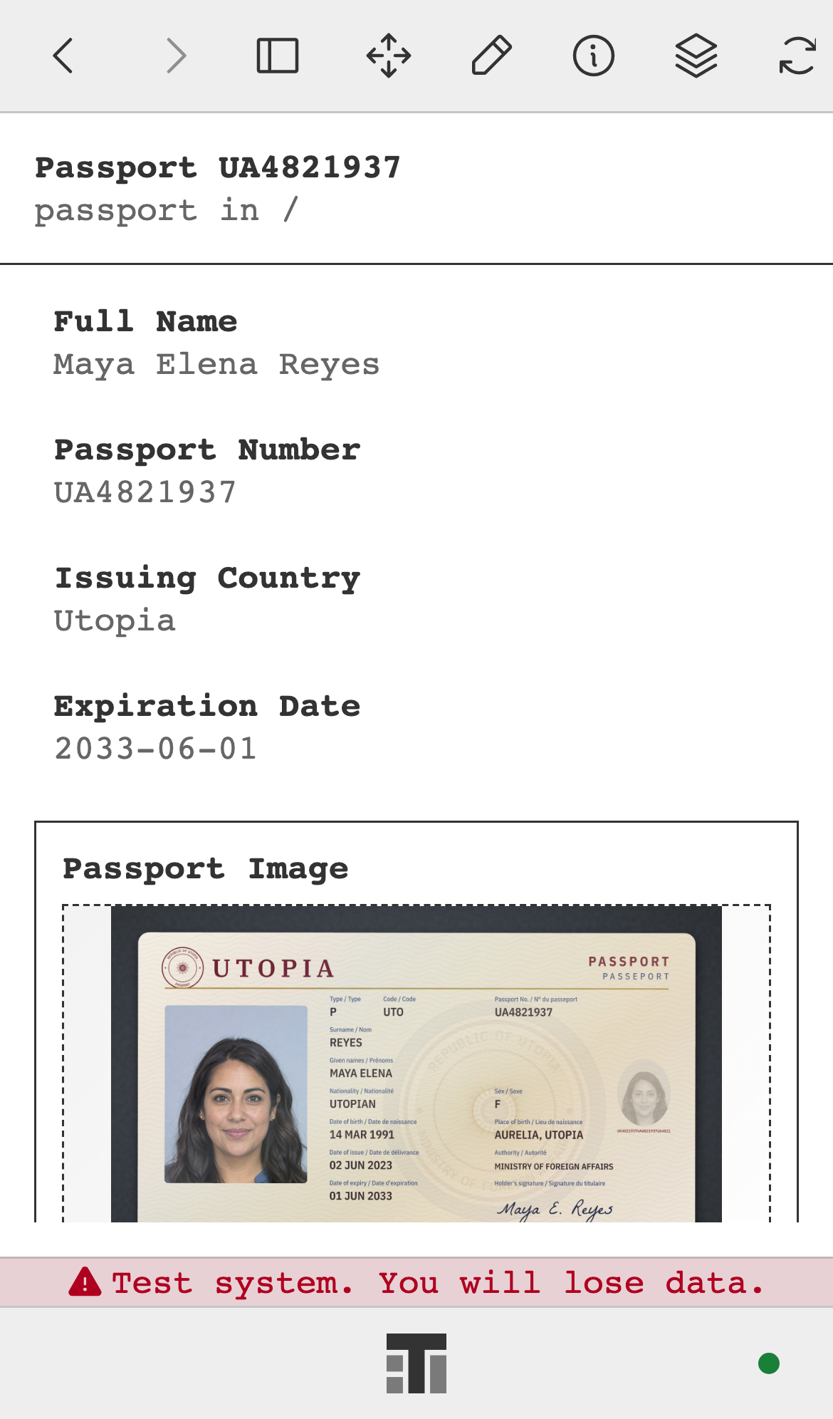 A passport record on a phone, with the holder's name, passport number, issuing country, and passport image.