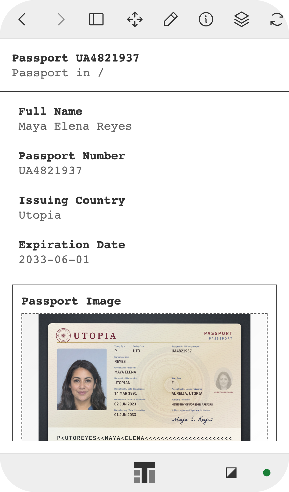 A passport record on a phone, with the holder's name, passport number, issuing country, and passport image.