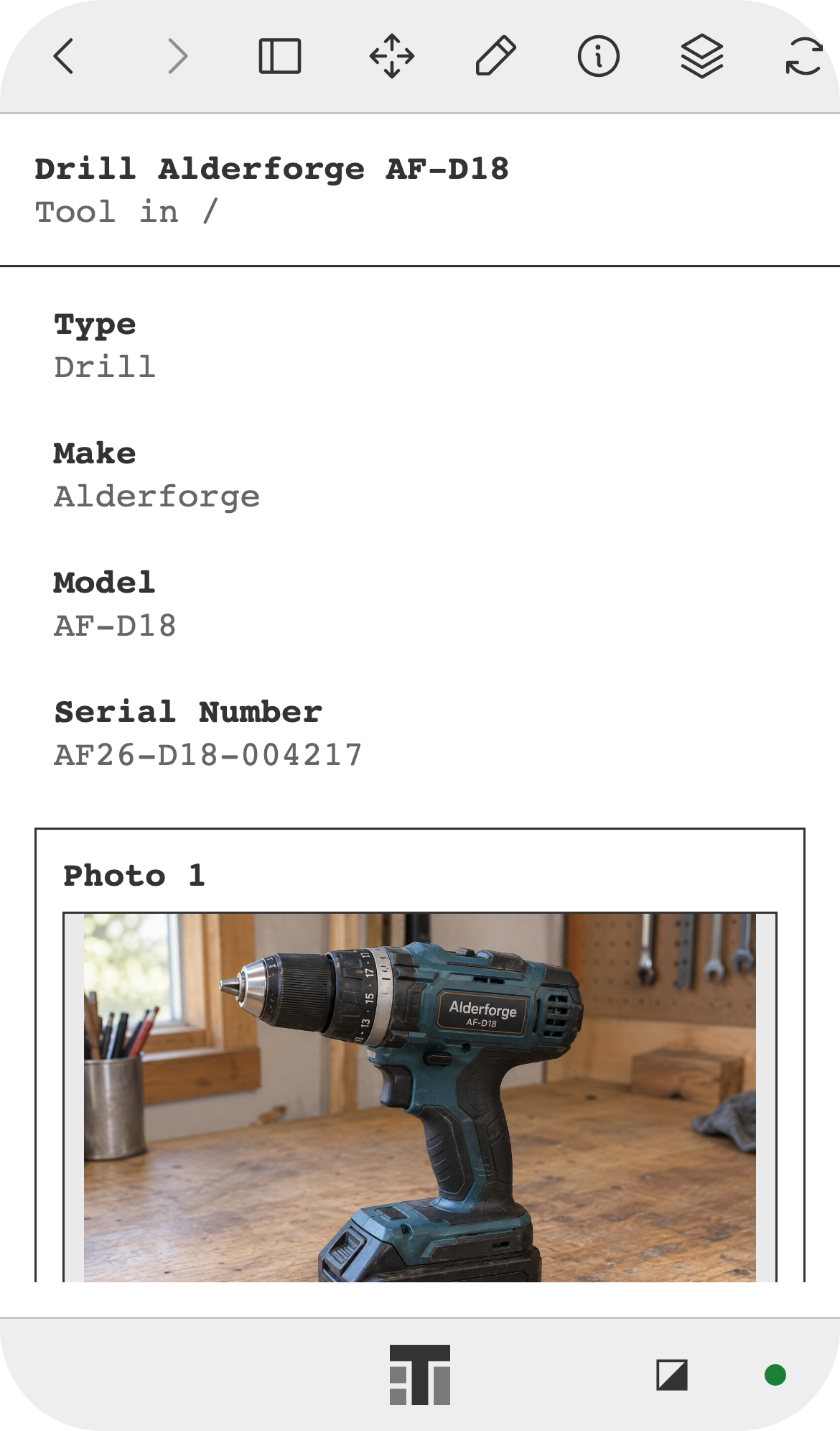 A drill's record on a phone, with its make, model, serial number, and equipment photos.
