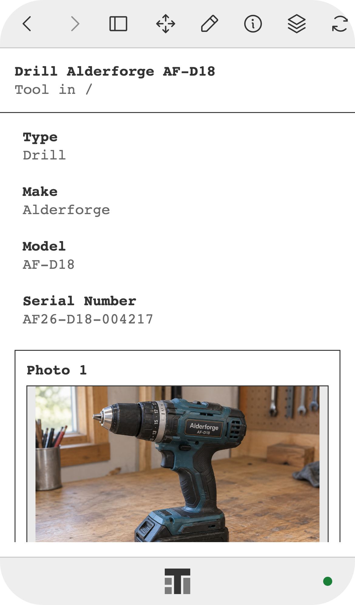 A drill's record on a phone, with its make, model, serial number, and equipment photos.