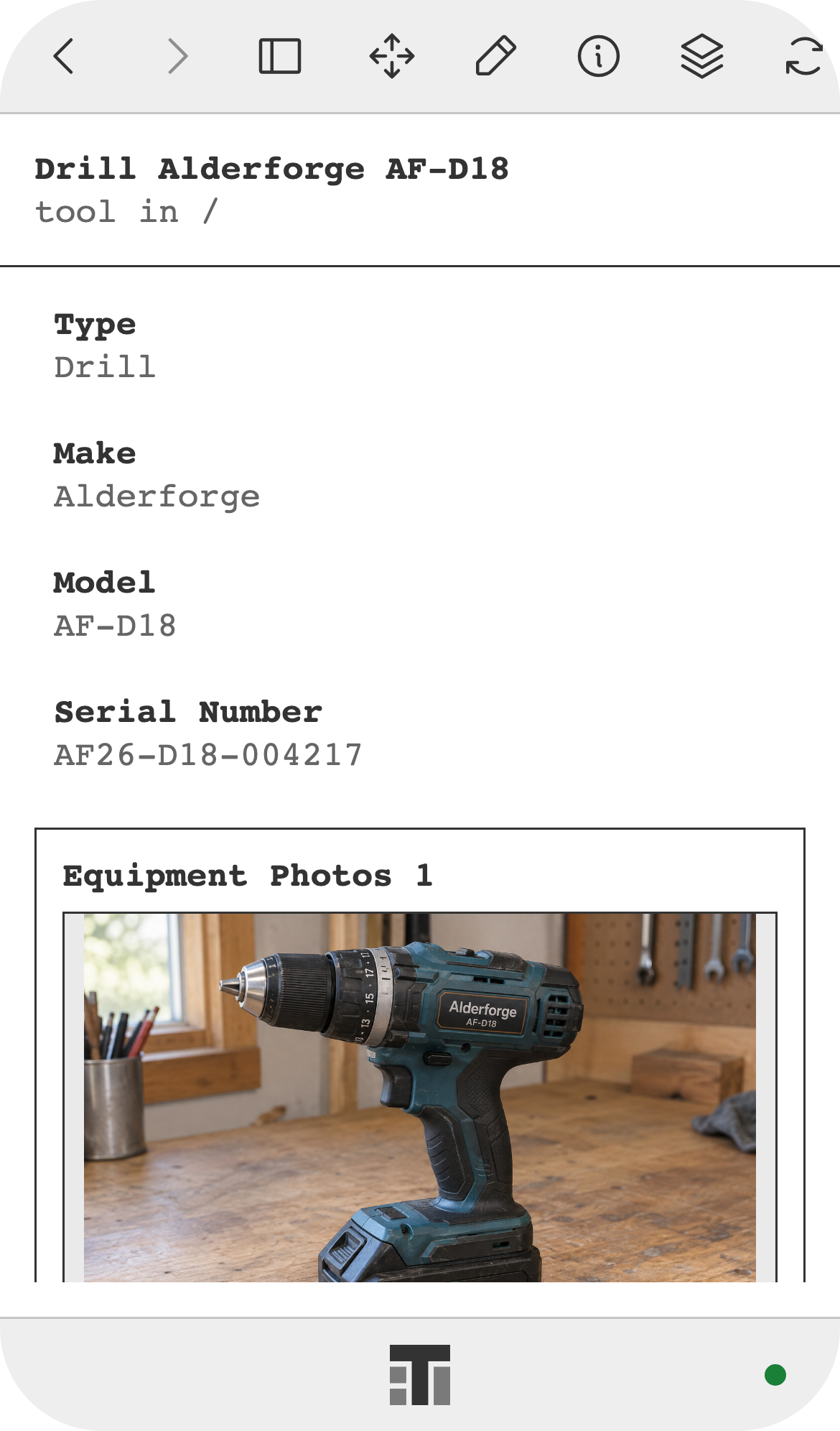 A drill's record on a phone, with its make, model, serial number, and equipment photos.