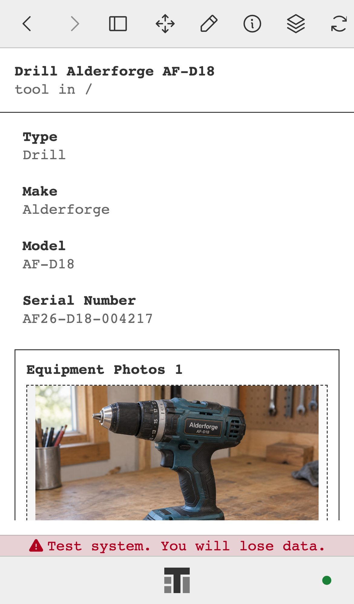 A drill's record on a phone, with its make, model, serial number, and equipment photos.