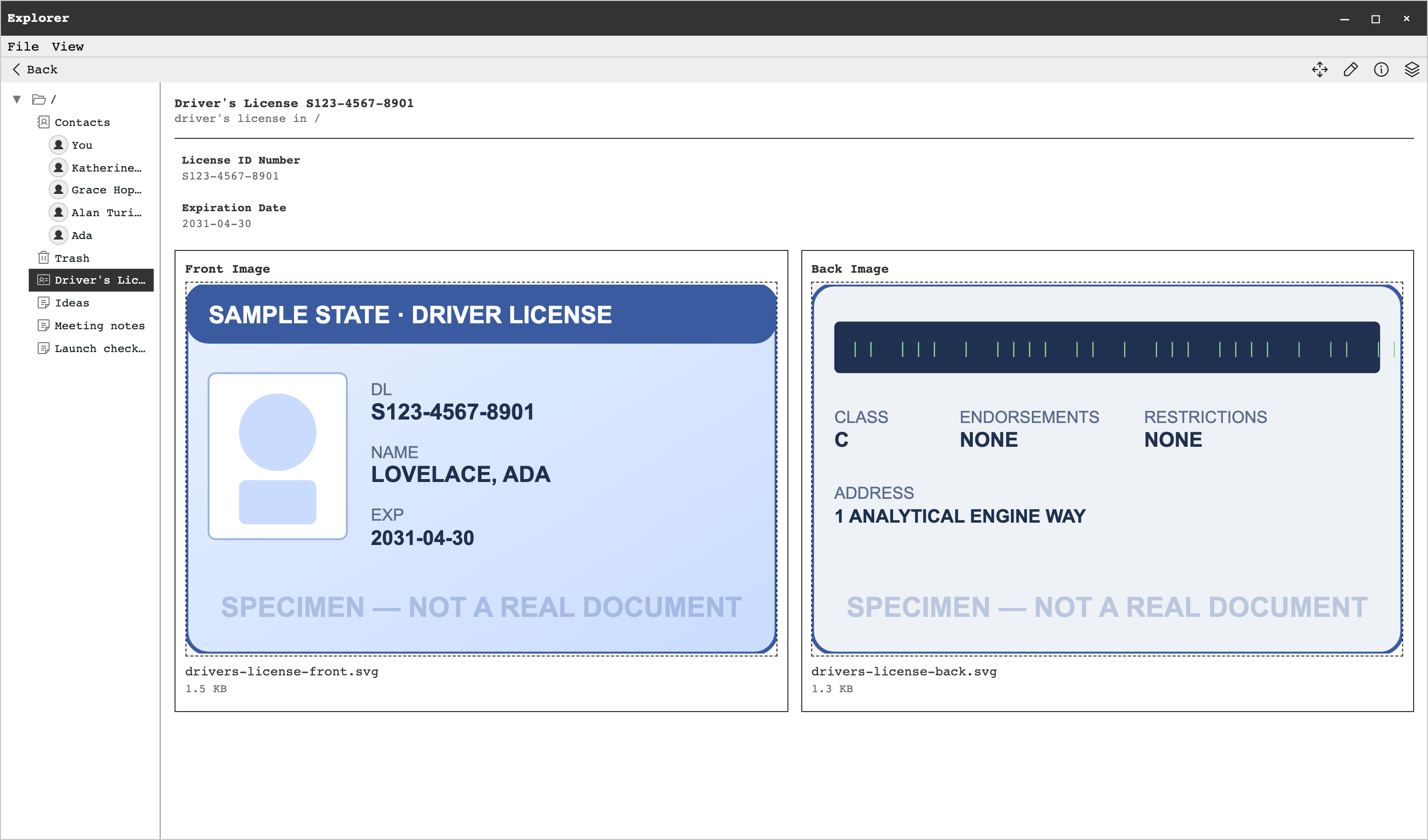 A driver's license record in Explorer with its license number, expiration date, and front and back images of a specimen card.