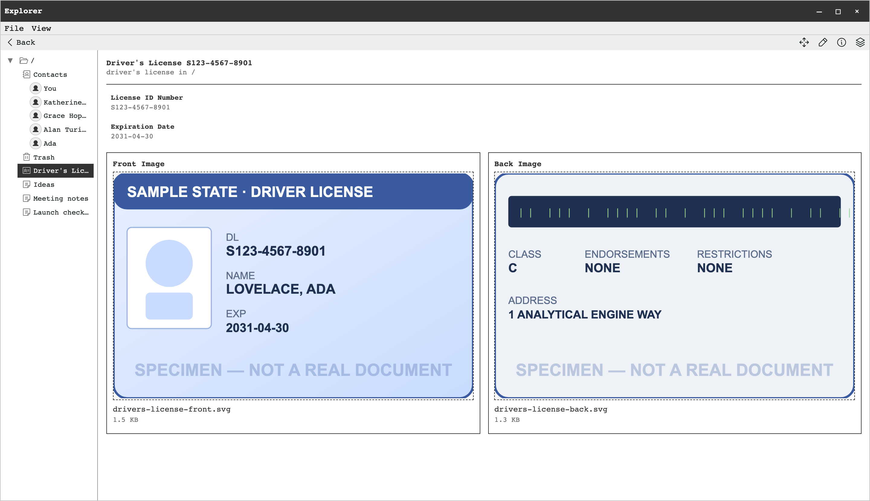 A driver's license record in Explorer with its license number, expiration date, and front and back images of a specimen card.