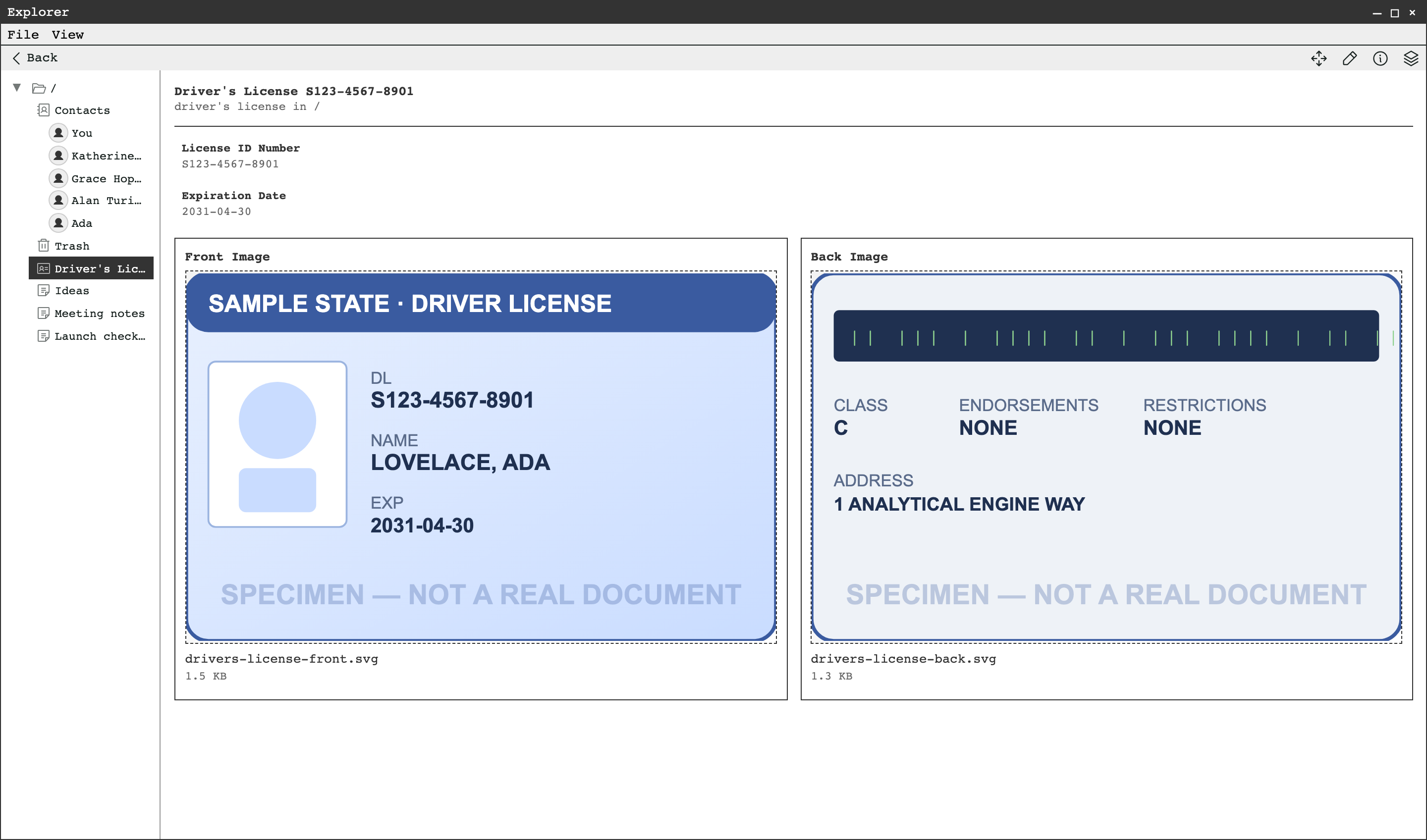 A driver's license record in Explorer with its license number, expiration date, and front and back images of a specimen card.