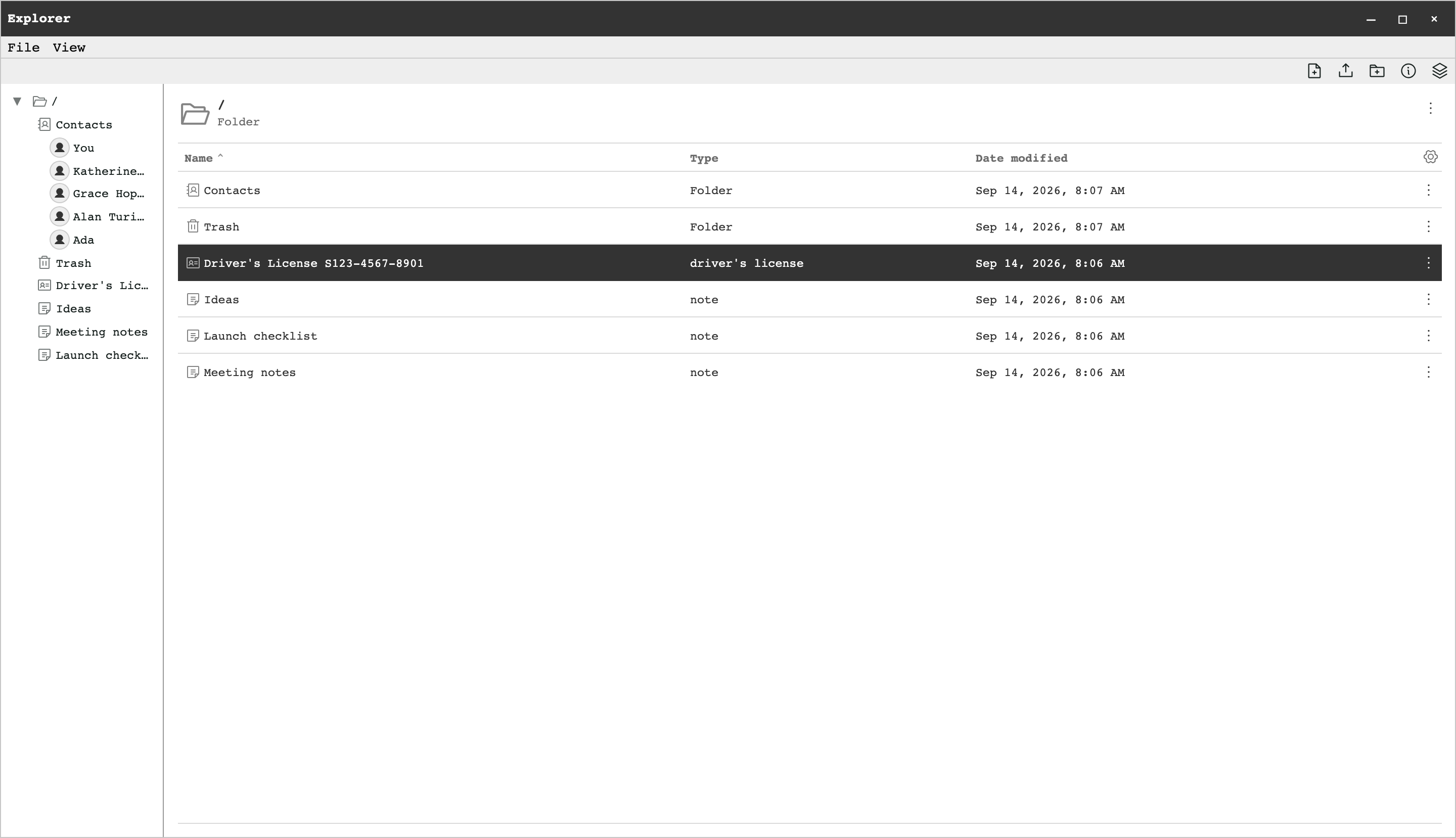 Tearleads Explorer listing Contacts and Trash folders, a driver's license record, and three notes, with each item's type.