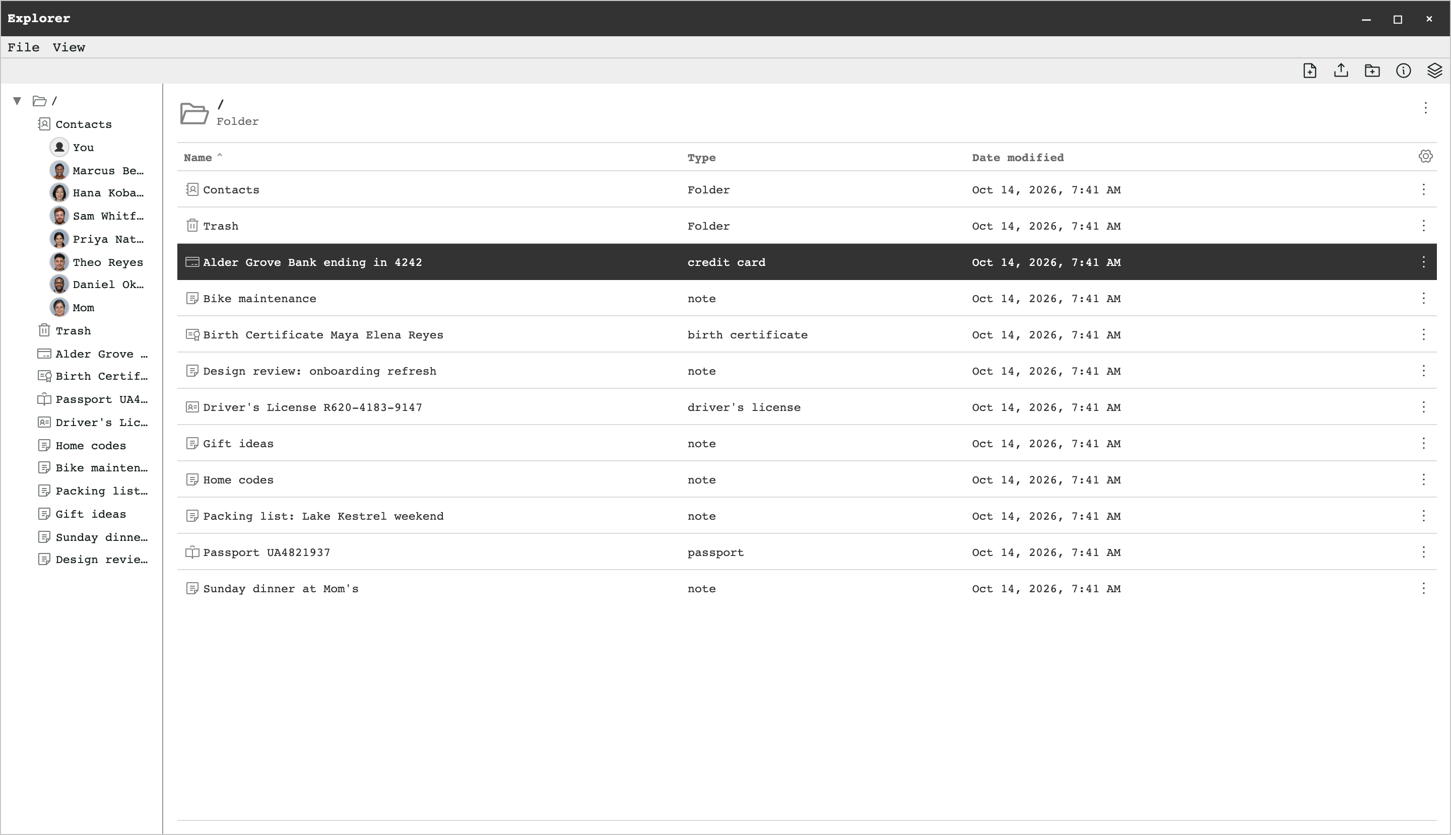 Tearleads Explorer listing Contacts and Trash folders, a driver's license record, and three notes, with each item's type.