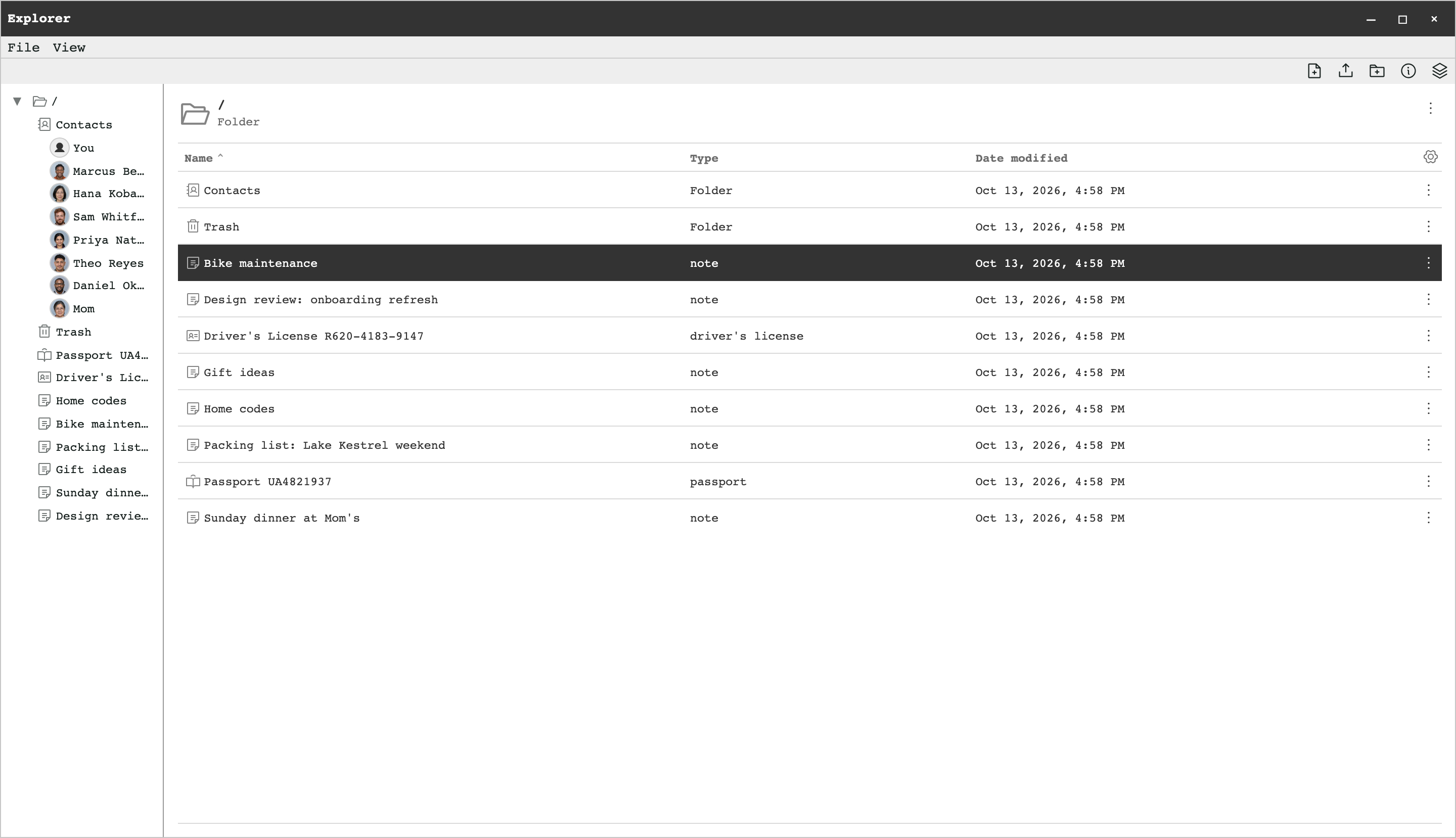 Tearleads Explorer listing Contacts and Trash folders, a driver's license record, and three notes, with each item's type.