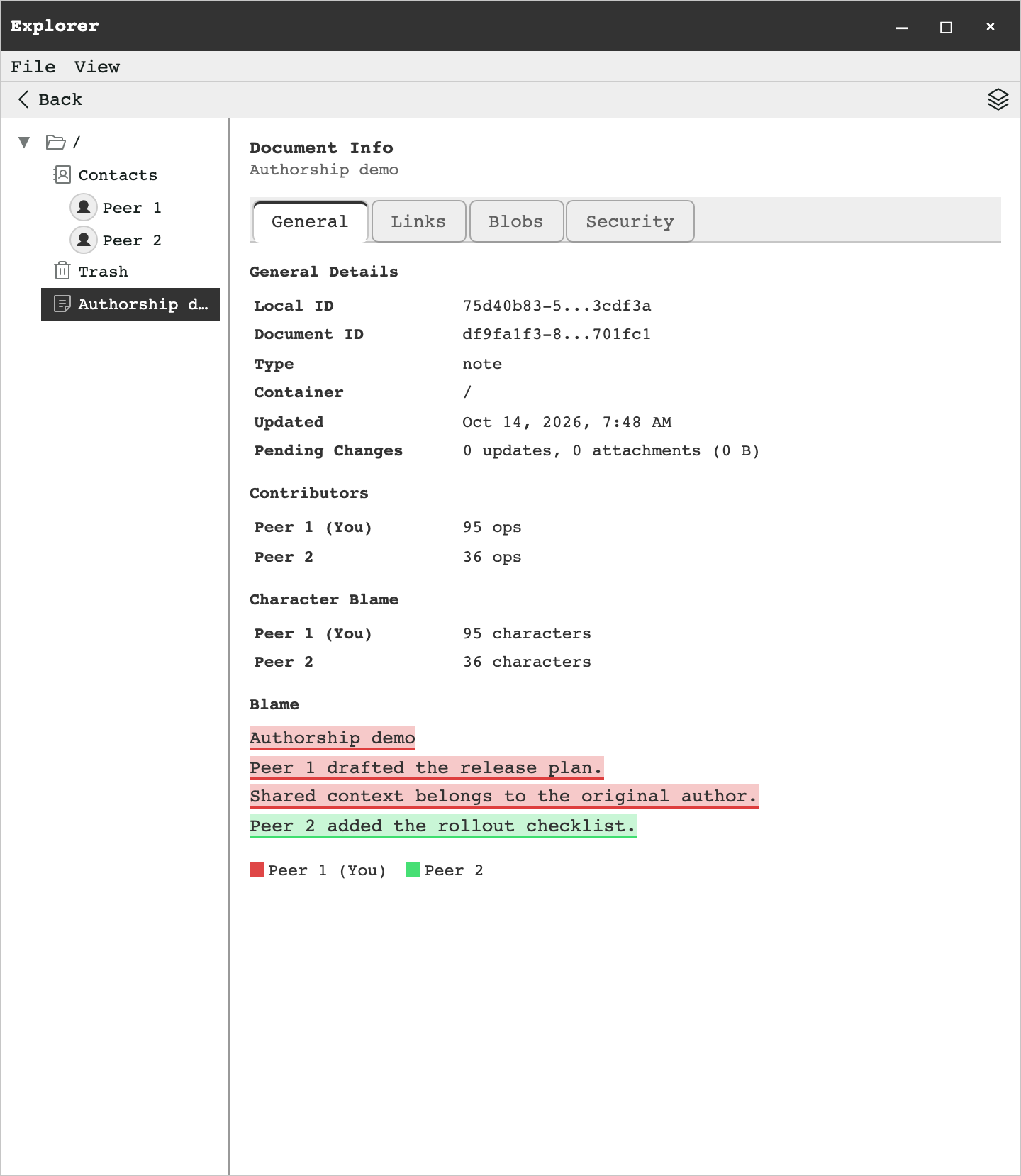 Document Info for a note: edit and character counts for two contributors, and the note's text highlighted in each author's color.