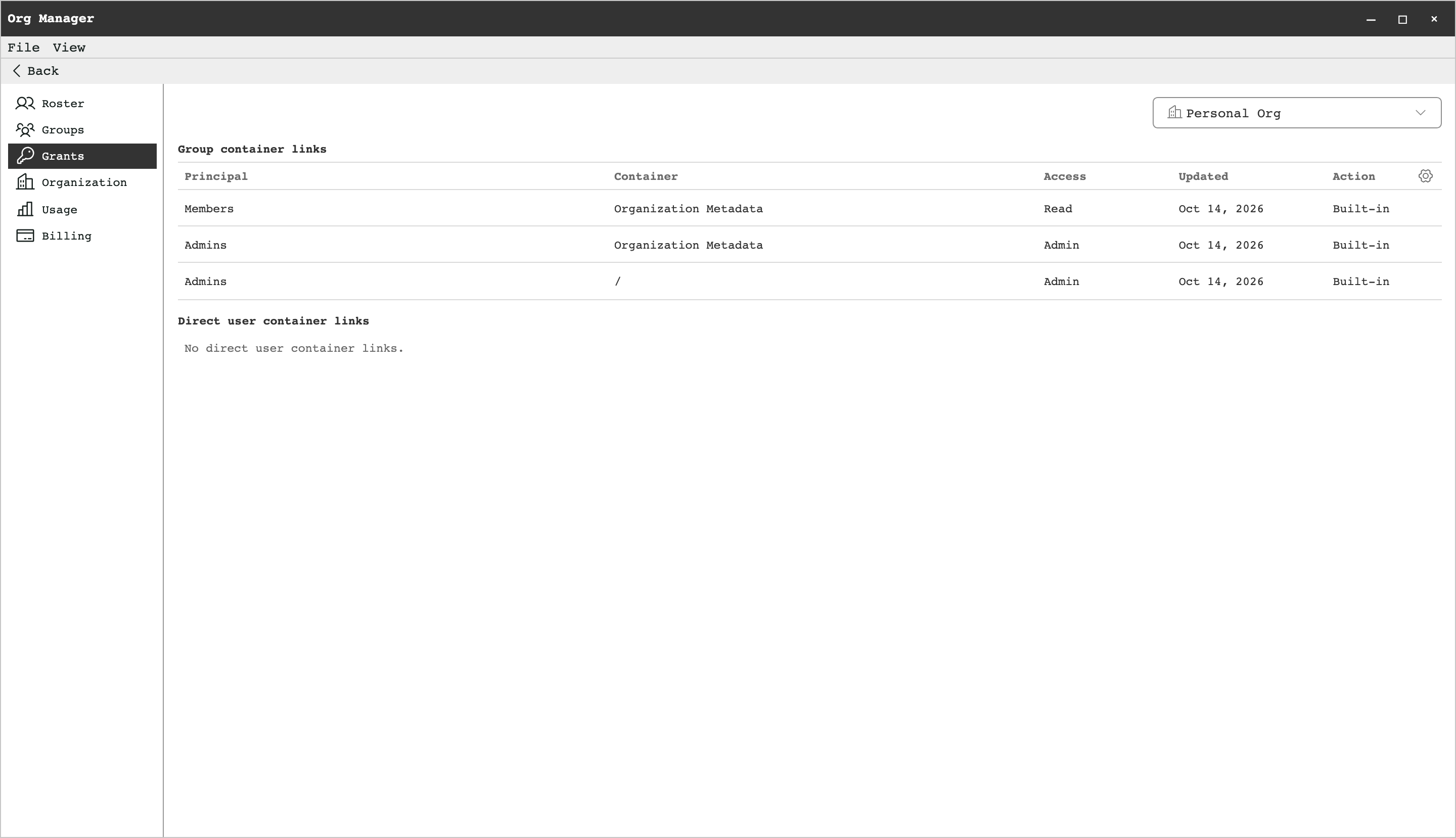Org Manager's Grants view: the Members group has read access to Organization Metadata, and the Admins group has admin access to the root folder.